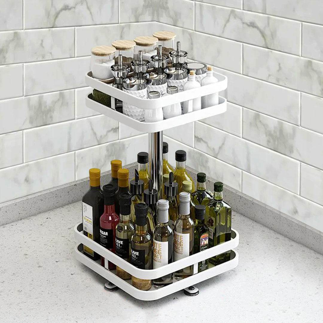 SOGA 2 Tier Steel White Square Rotating Multi-Function Kitchen Portable Storage Spice Seasoning Kitchen Countertop Organiser Shelf