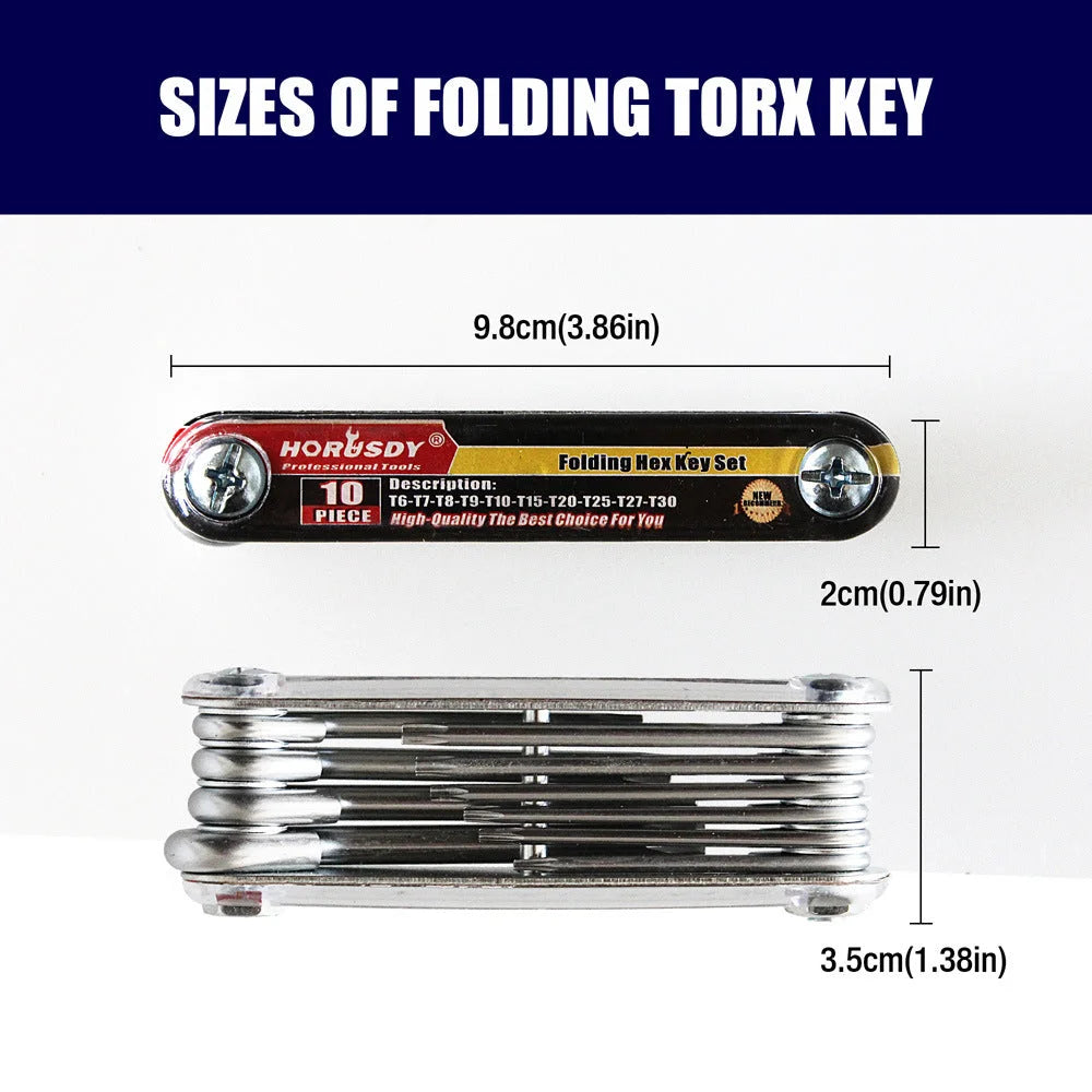 10-Piece Folding Torx Key Wrench Set - T6-T30 Star Keys