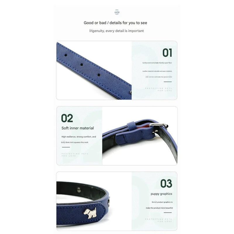 2 PCS Blue Soft Leather Dog Collar - Adjustable & Durable