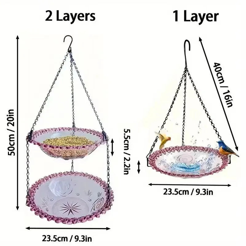 2 Set Pink Elegant Hanging Glass Bird Feeder - Double Tier