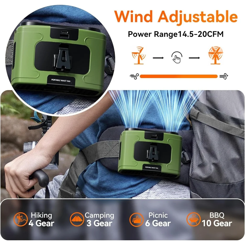 20000mAh Outdoor Portable Waist Fan Hanging Neck Fan Strong