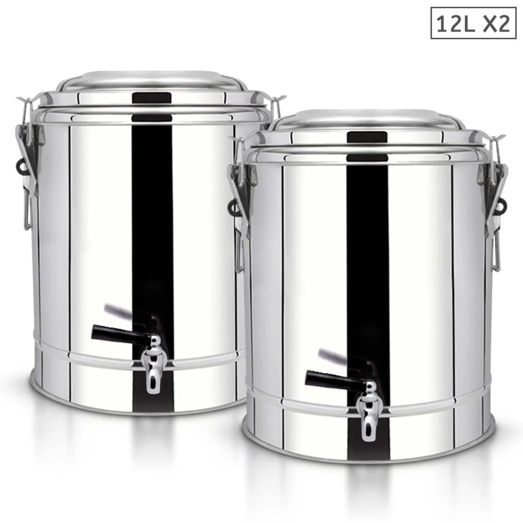 2X 12L Stainless Steel Insulated Stock Pot Dispenser Hot & Cold with Tap - Premium