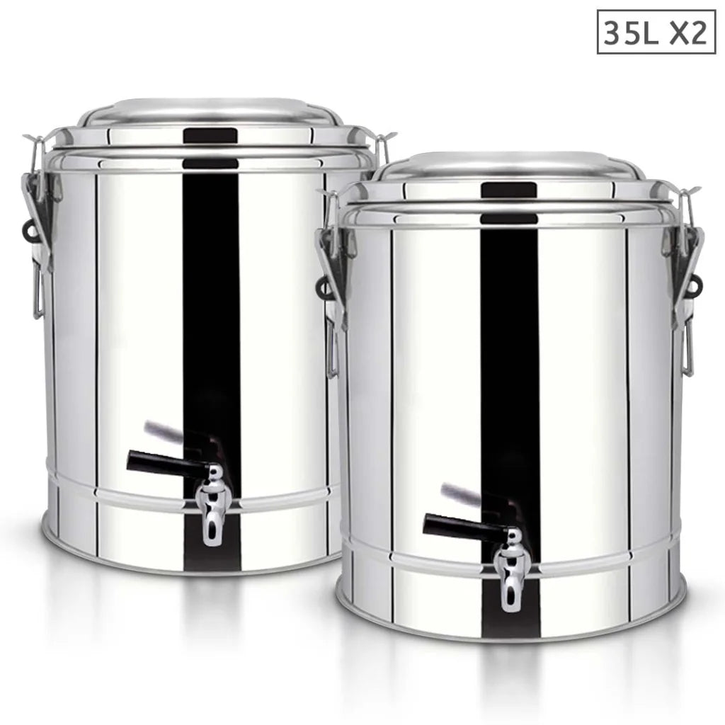2X 35L Stainless Steel Insulated Stock Pot Dispenser Hot & Cold with Tap - Premium