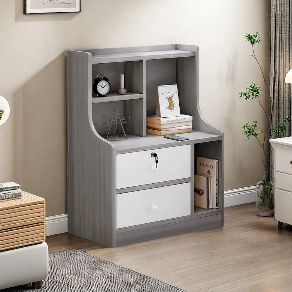 2x bedside table pair lockable drawer curved sides modern