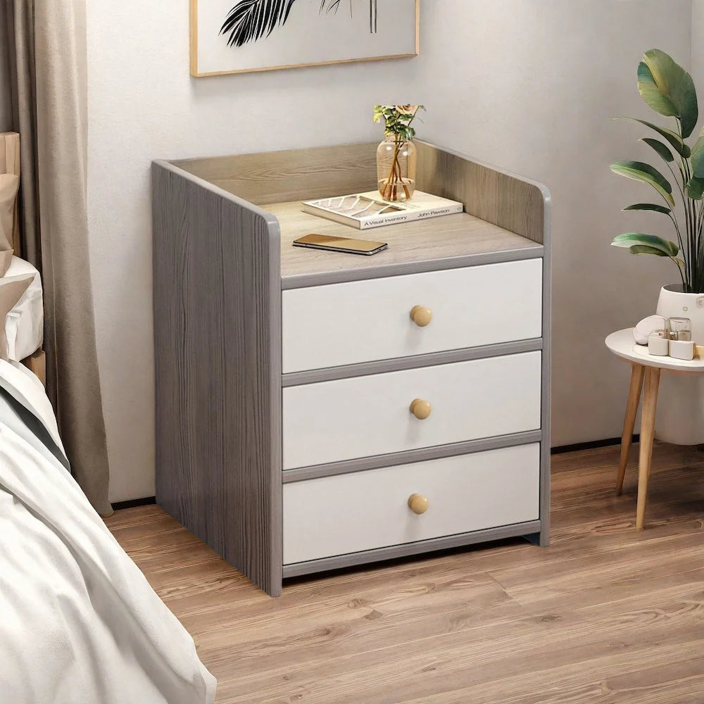 2x bedside table set 3 drawer light gray white wooden knobs