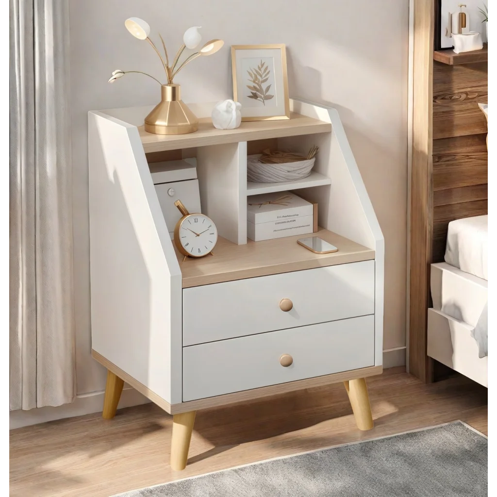 2x bedside table set wood grain drawers curved design