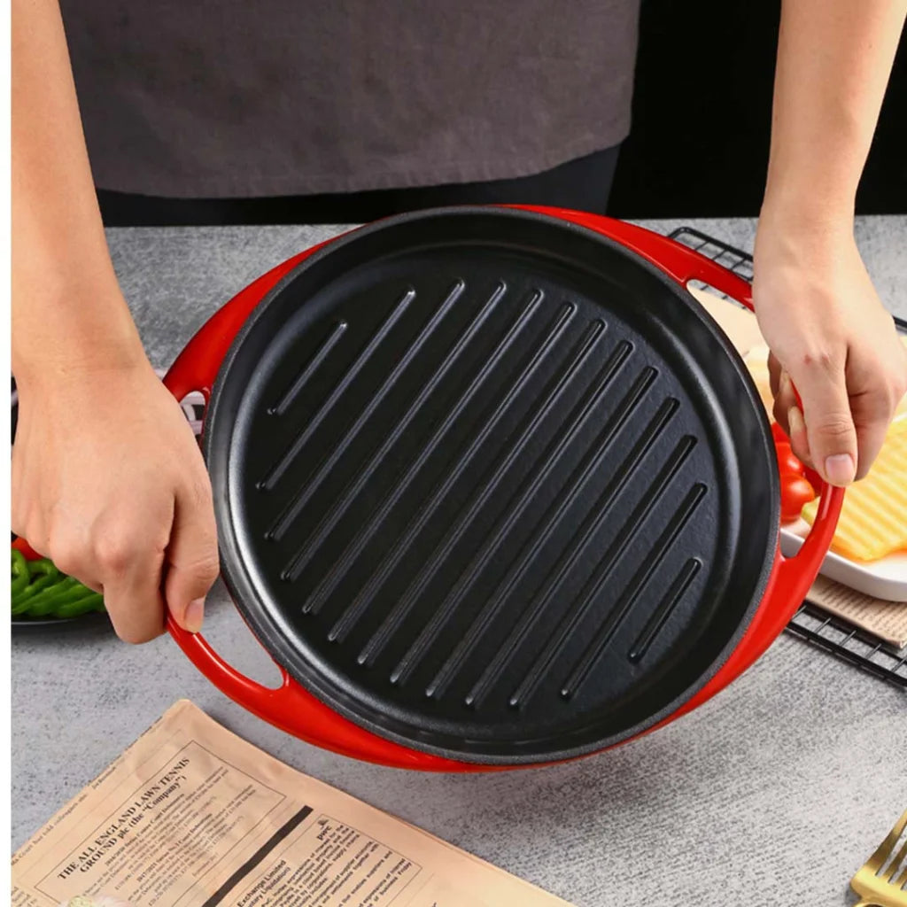 2X Enamel Porcelain Cast Iron Frying Pan Skillet Non-stick Coating Steak Sizzle Platter 26cm - Premium