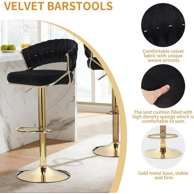 2x Height Black Velvet Padded Golden Round Base Barstools