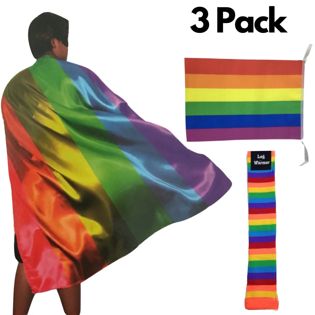 3x Set Rainbow Leg Warmers + Deluxe Cape + Bunting Flag