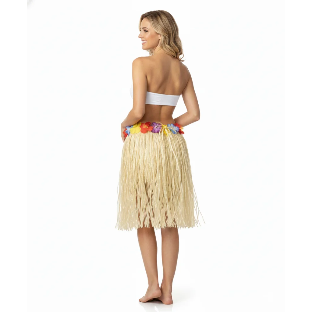 Hawaiian hula skirt with component details and storage context