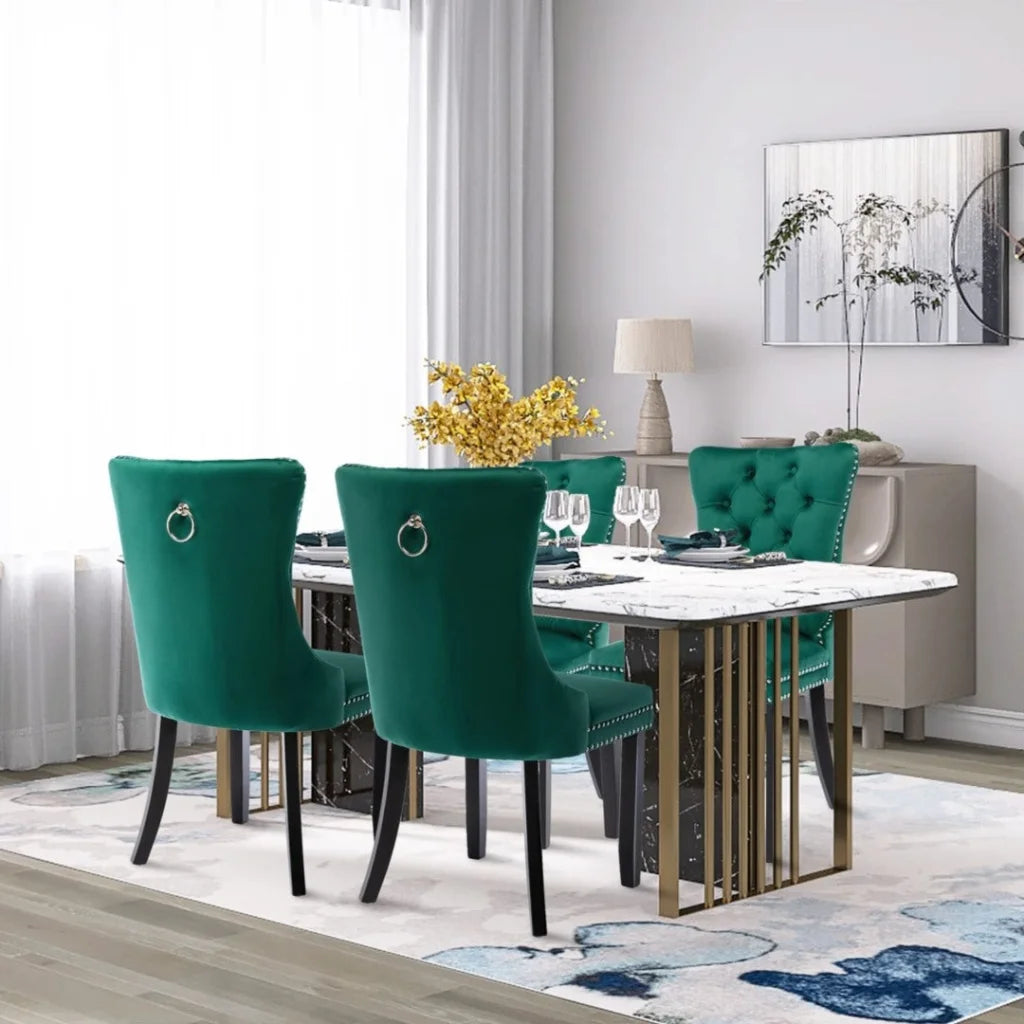4x Velvet Dining Chairs- Green - Furniture > Dining >