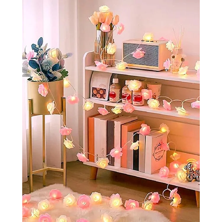 50 Pink n White Rose 3D Fairy Lights 5M LONG String Battery