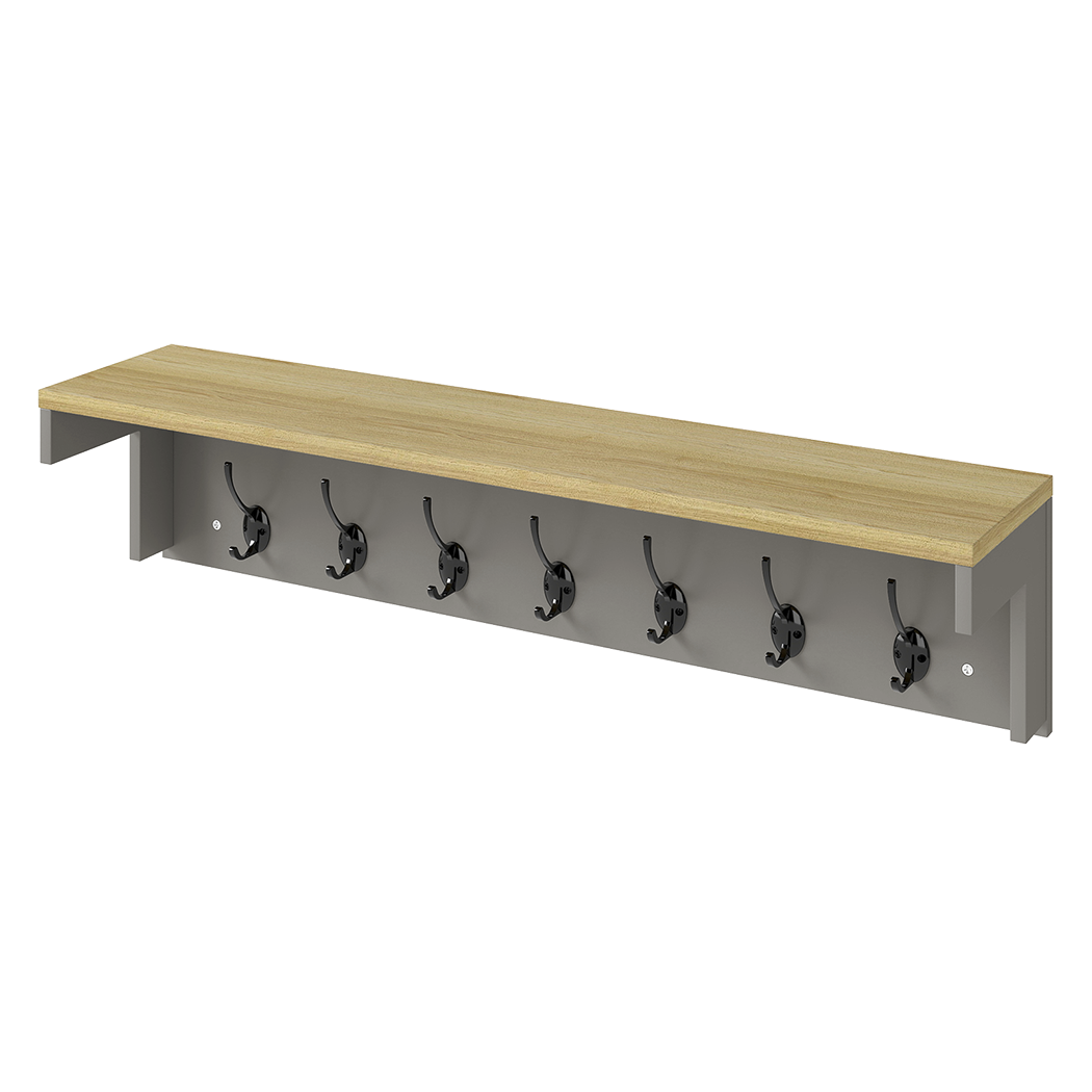 Levede Coat Rack Wall Mounted Shelf 7 Double Hooks Storage Entryway Hallway Grey