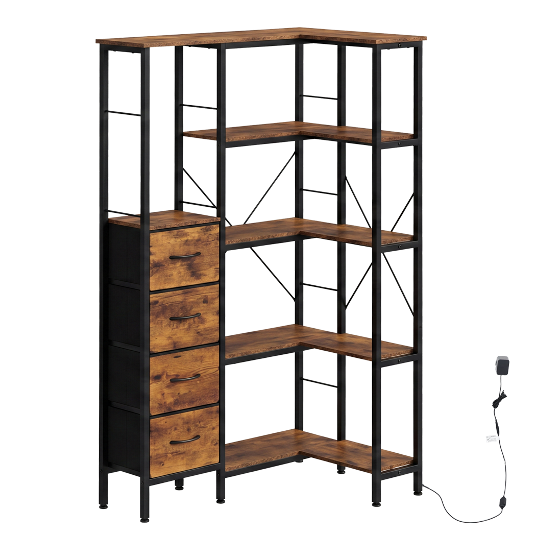 Levede Corner Bookshelf with 4 Fabric Drawers & LED Light 5 Tier Bedroom Rustic