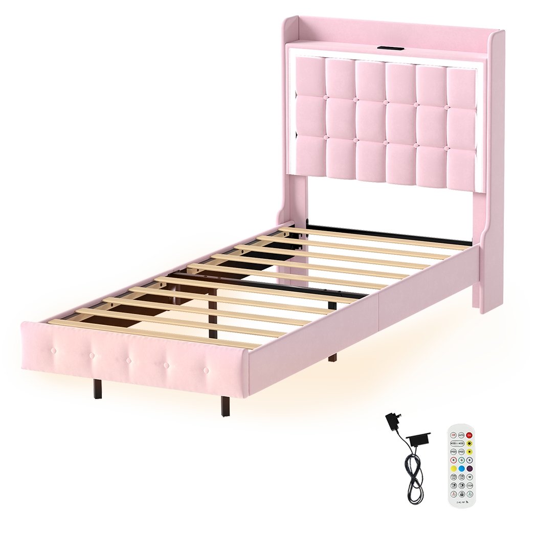 Levede Single Floating Bed Frame LED Headboard USB Pink