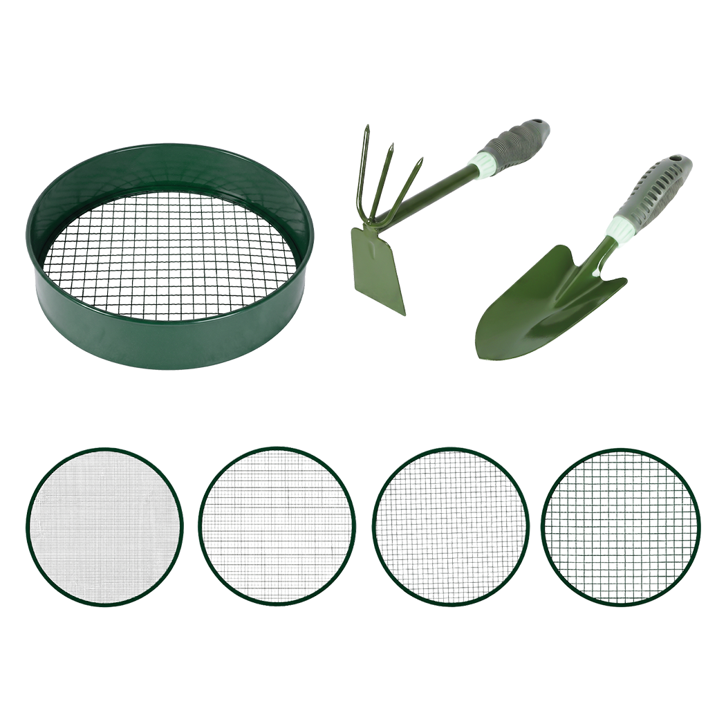 Garden Sieve Soil Sifter Set Metal 4 Mesh Inserts Shovel Hoe for Pots Green