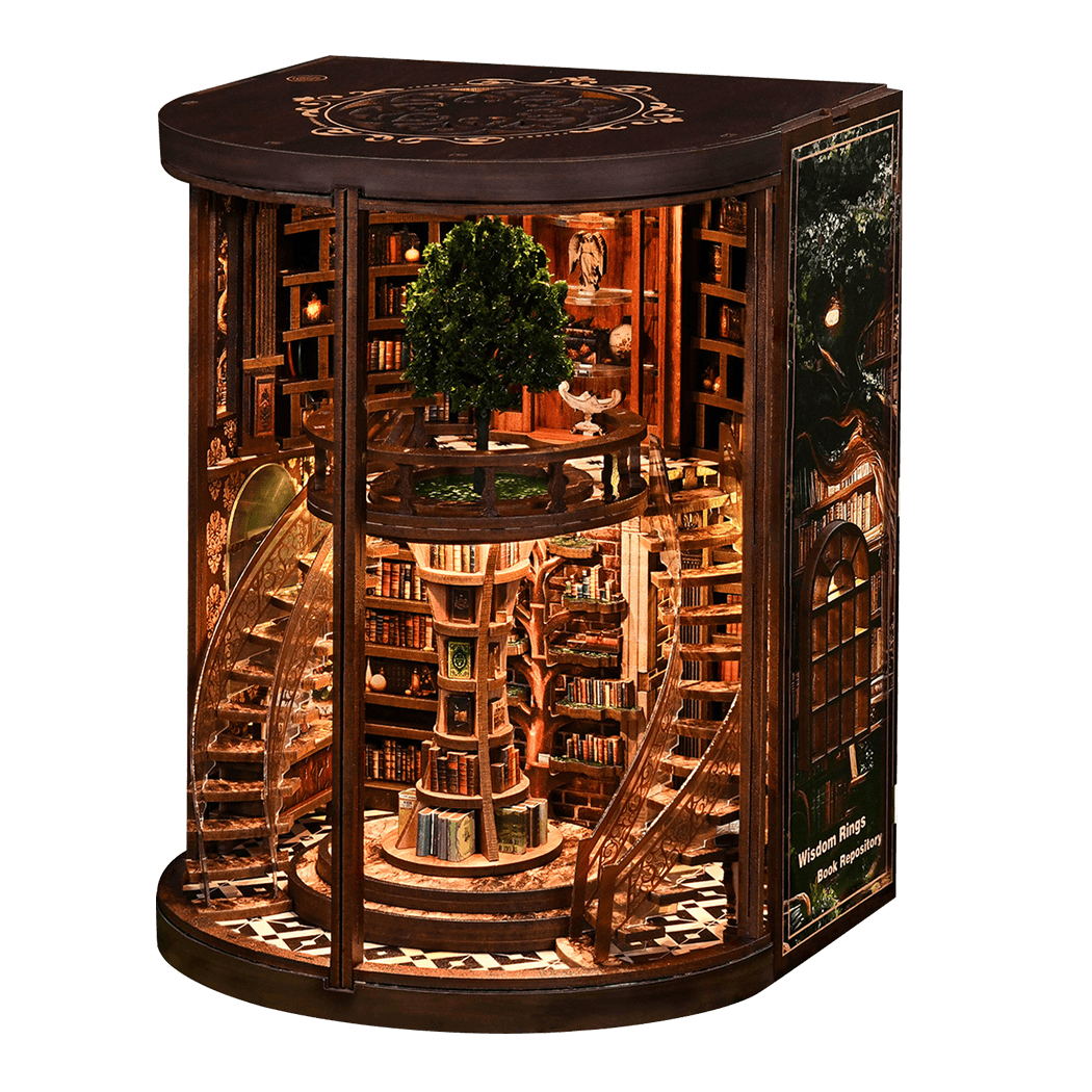 Bo Peep Book Nook Kit 356Pcs LED Miniature Library House For Bookshelf Walnut