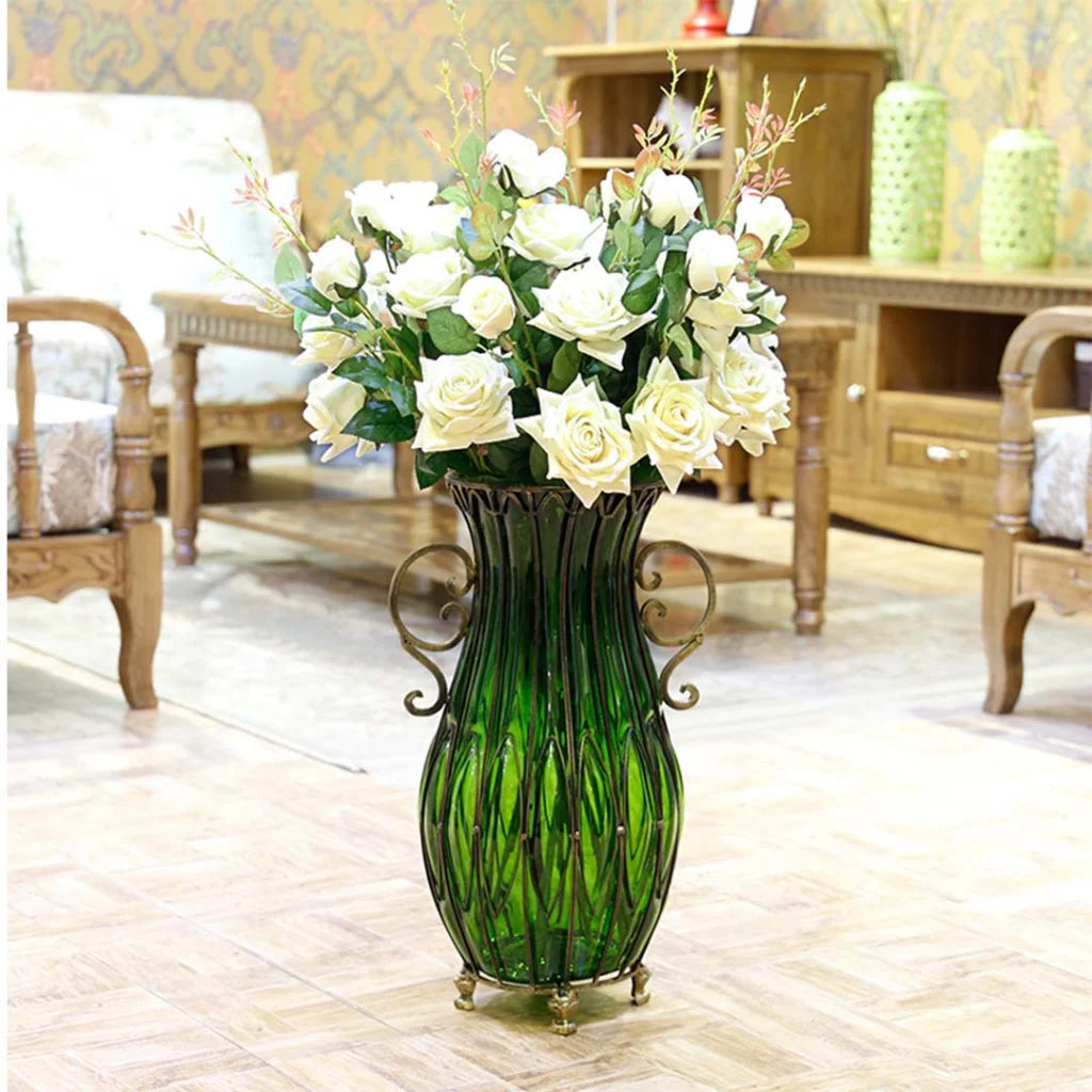 51cm Green Glass Oval Floor Vase with Metal Flower Stand - Premium