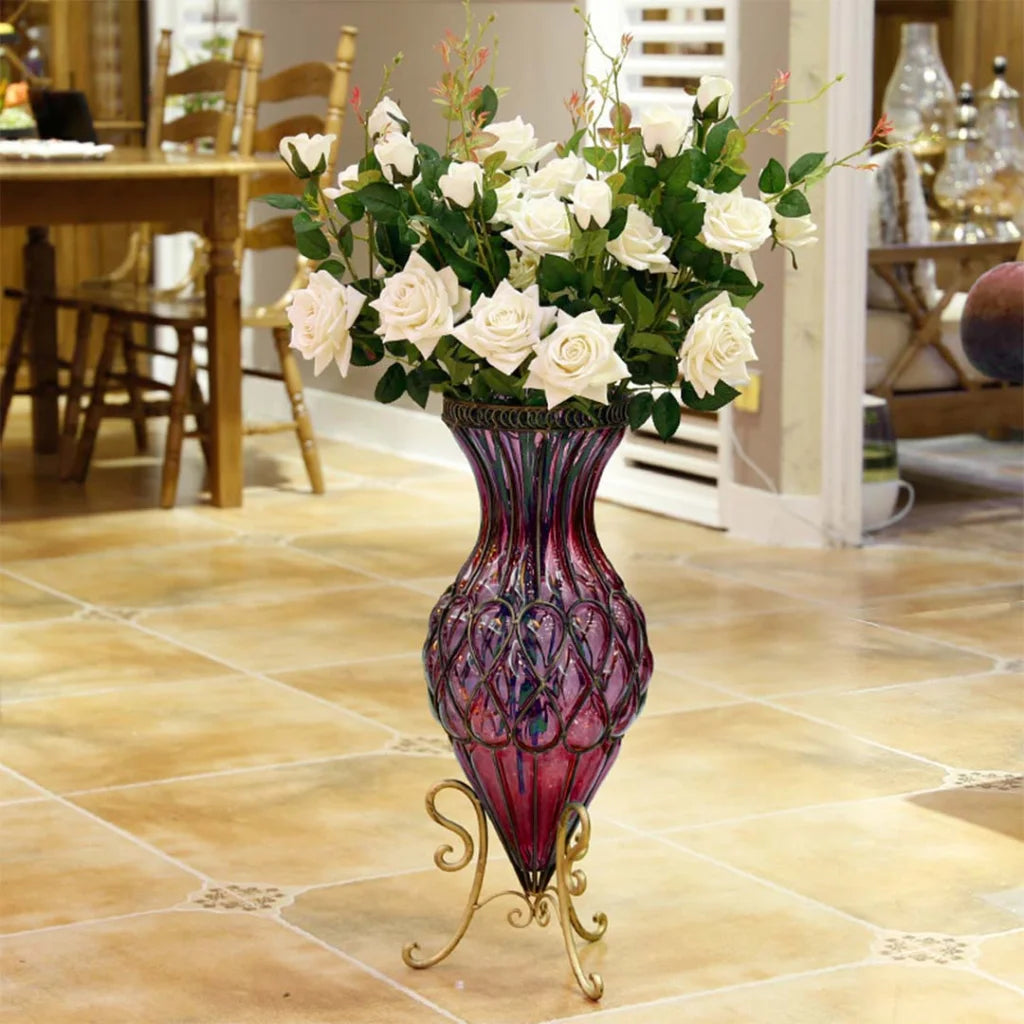 67cm Purple Glass Tall Floor Vase with Metal Flower Stand - Premium