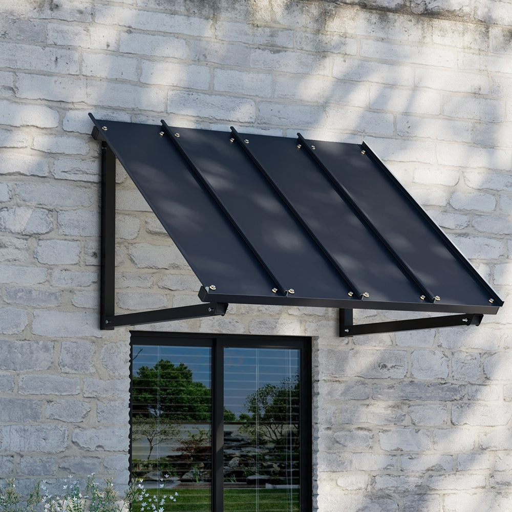 Black metal 1m window door awning with assembled layout and visible hardware