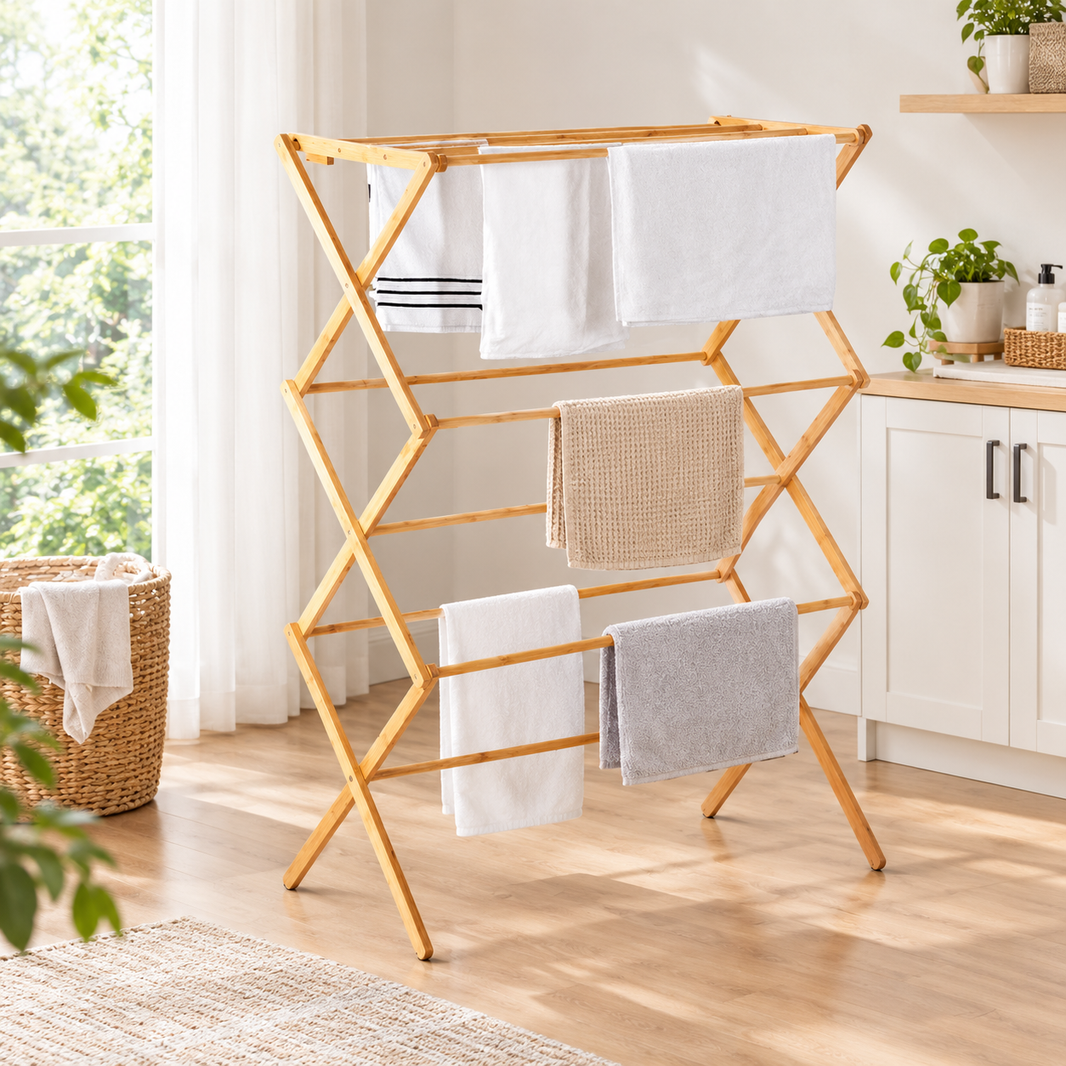 Bamboo Clothes Dry Rack, Foldable Towel Hanger