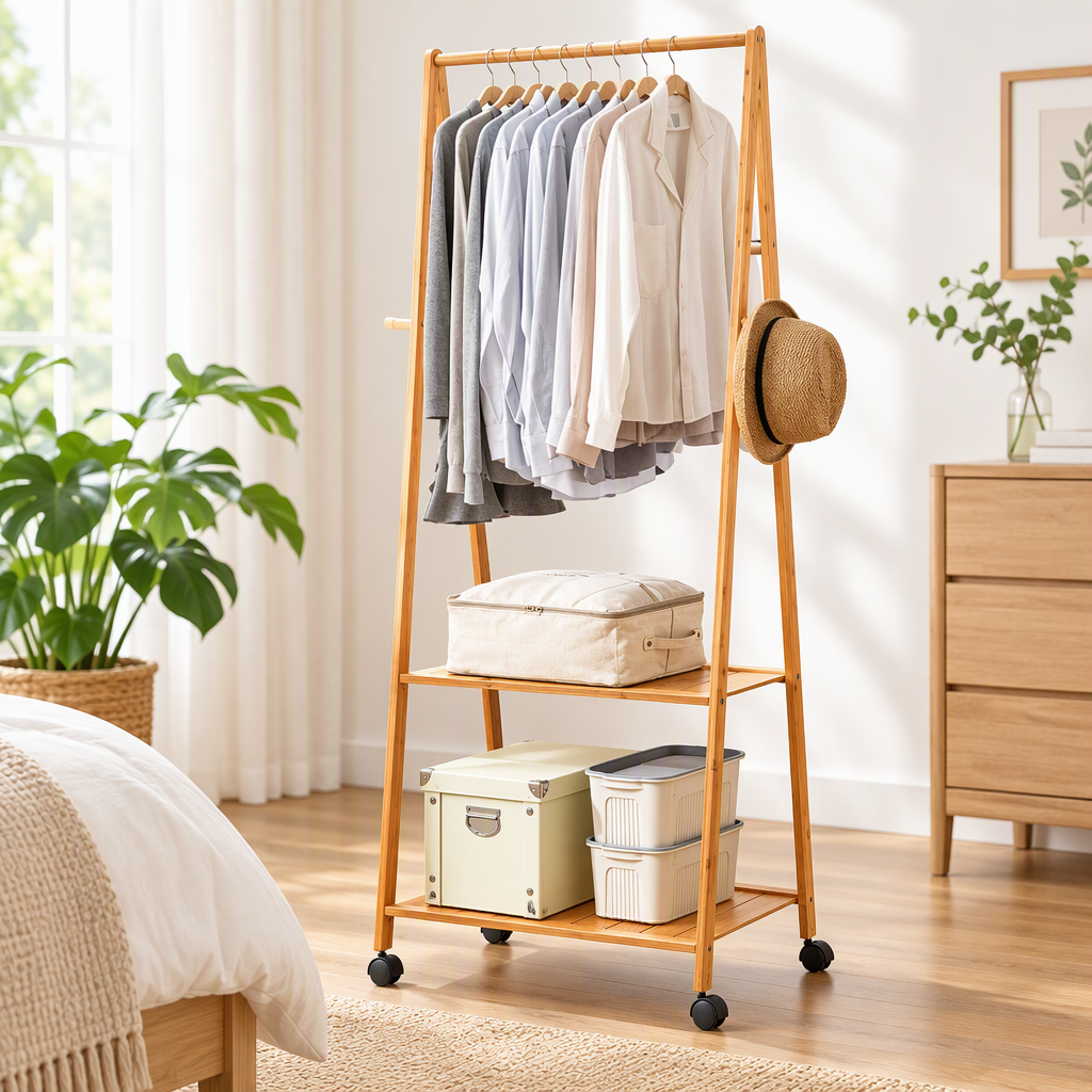 Wooden Clothes Rack Bamboo Hanger Stand Display Shelf