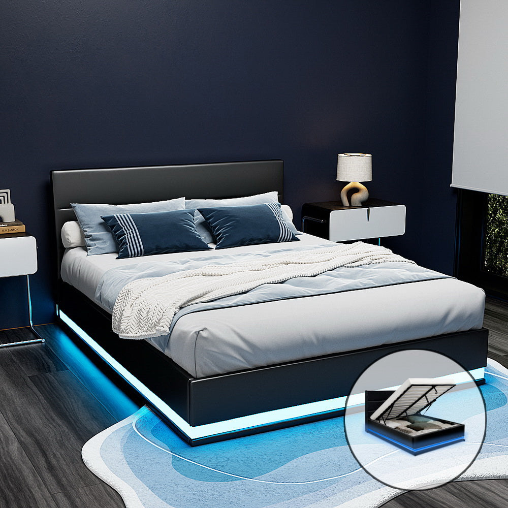 LED Bed Frame PU Leather Gas Lift Storage Black Double Lumi