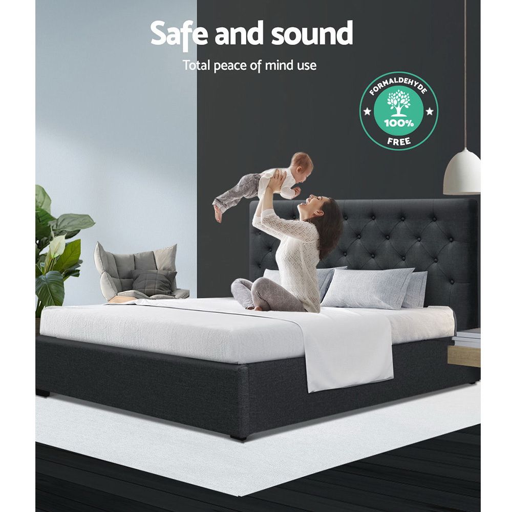 Bed Frame Double Size Gas Lift with Storage Fabric - Charcoal Vila