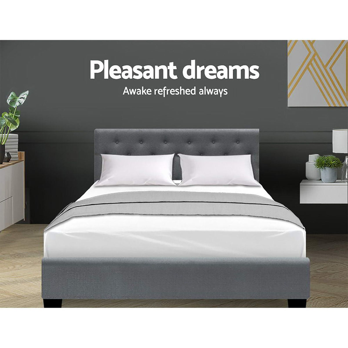 Bed Frame Double, Fabric Gas Lift Storage, Grey