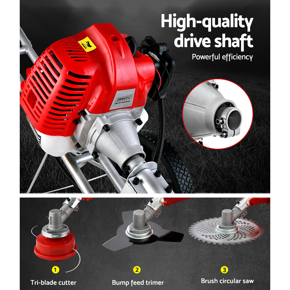 Petrol Brush Cutter Whipper Saw Trimmer 52cc 2-Stroke 3-in-1 with Wheels
