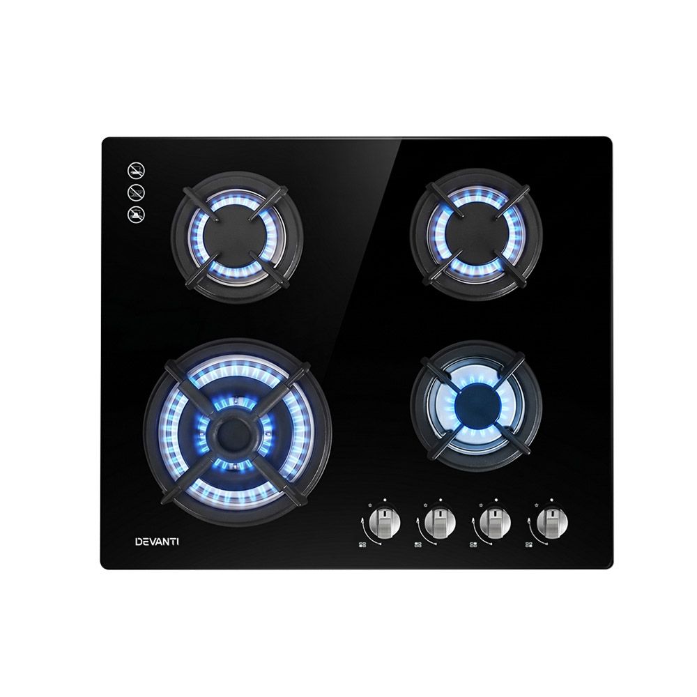 Gas Cooktop 60cm 4 Burner Ceramic Glass Cook Top Stove Hob Cooker LPG NG Black