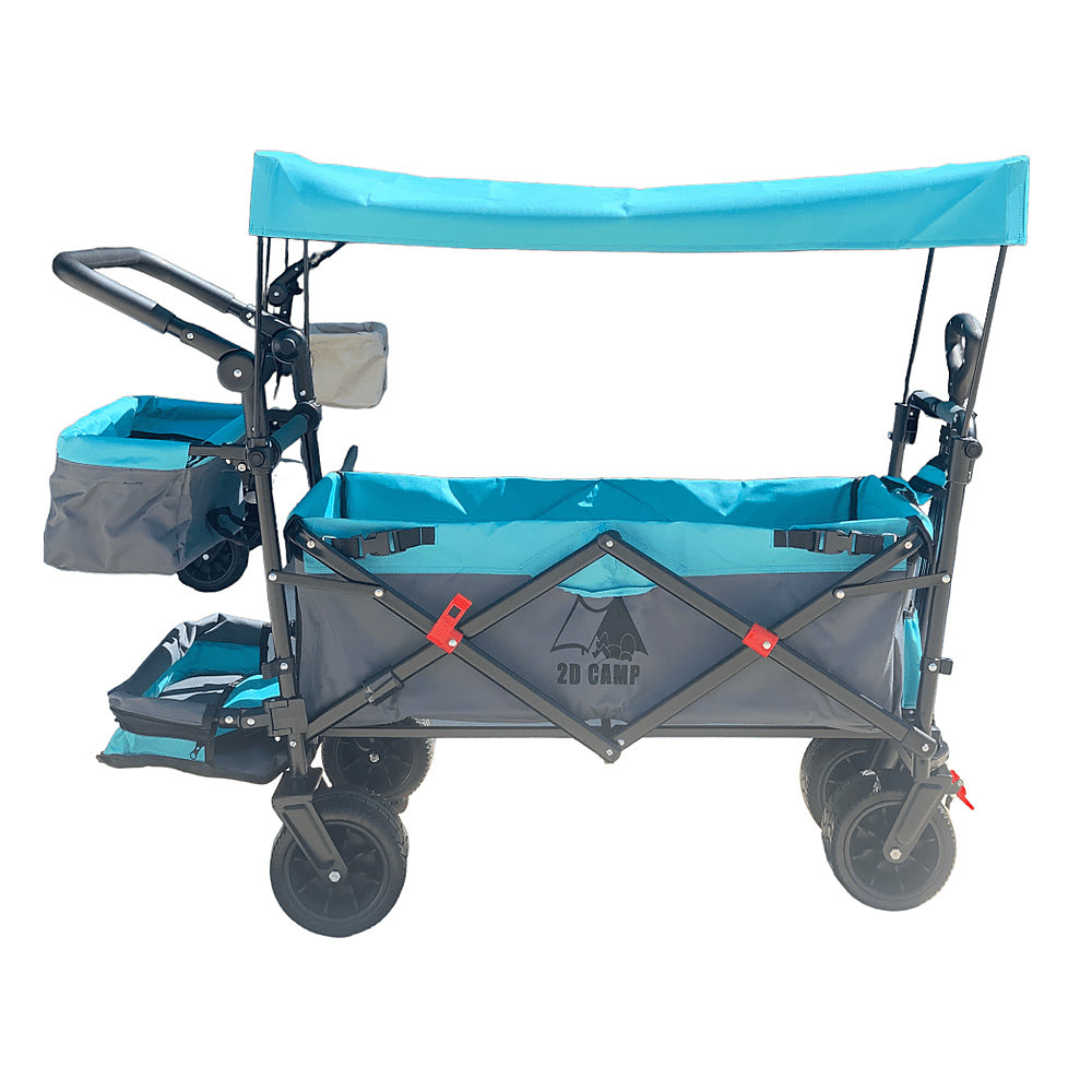 2D Camp Folding Beach Trolley with Canopy and Brake 100kg - Blue