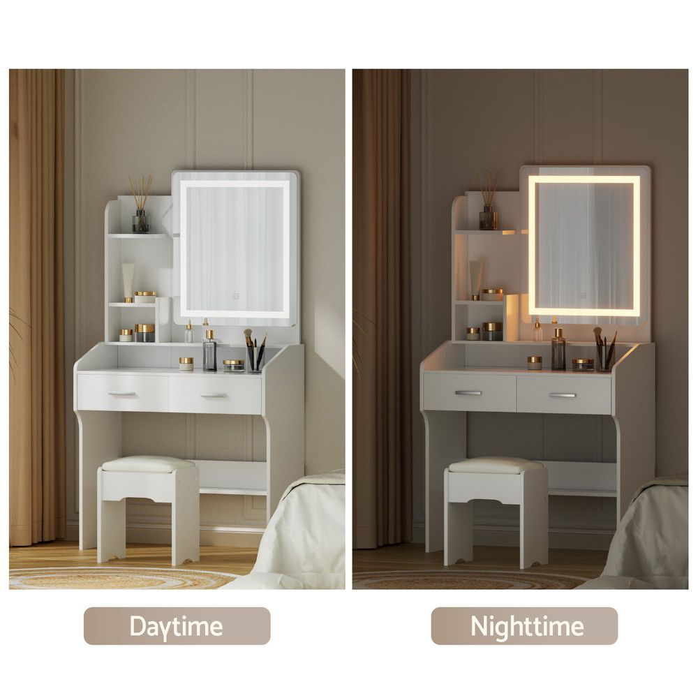 Dressing Table Set with Stool and LED Mirror - White Doria