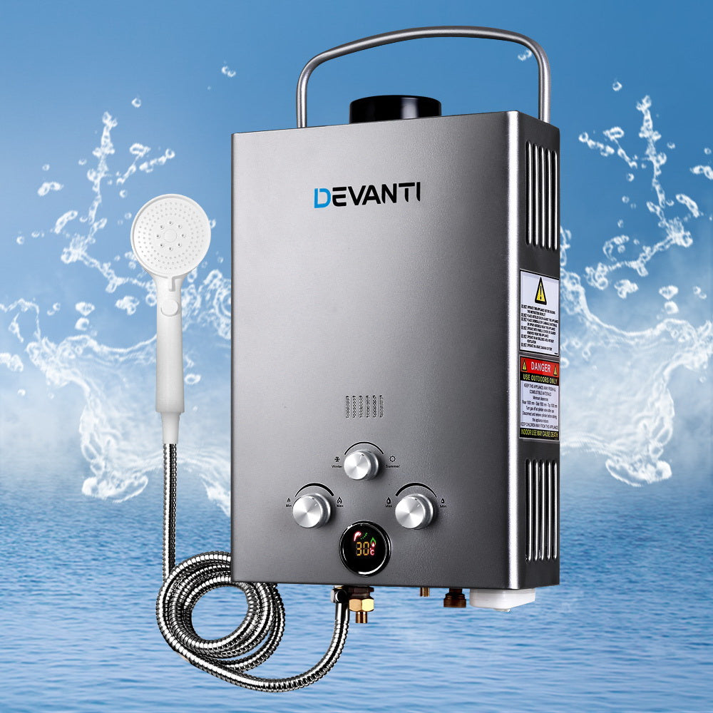 Gas Hot Water Heater Portable Shower Camping LPG Outdoor Instant - Grey