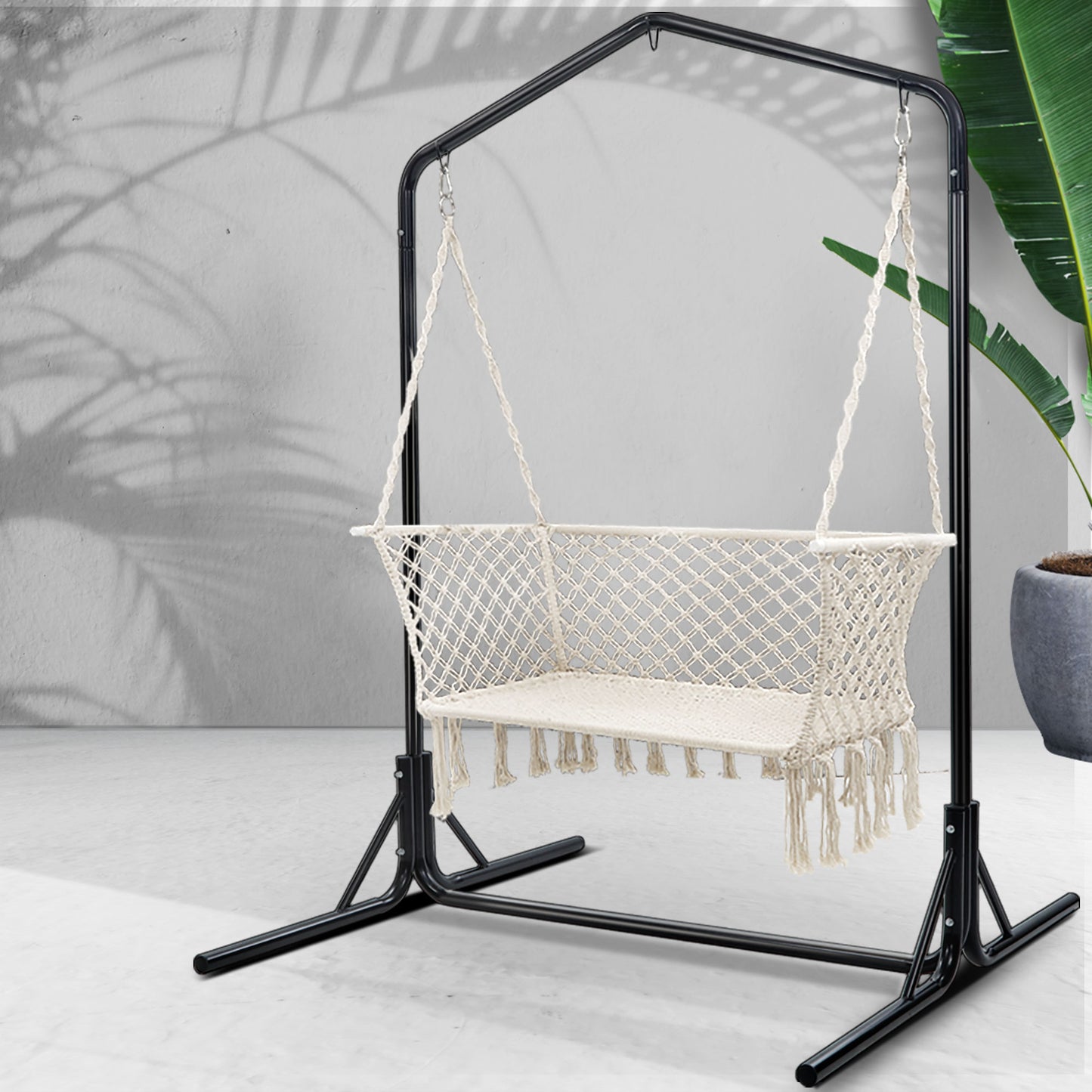 Double Swing Hammock Chair with Stand - Macrame Outdoor Bench Seat