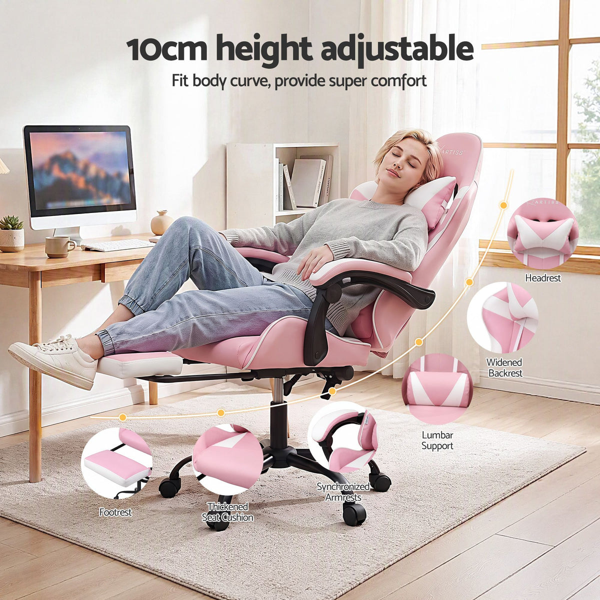 Gaming Office Chair 2 Point Massage with Footrest - Pink