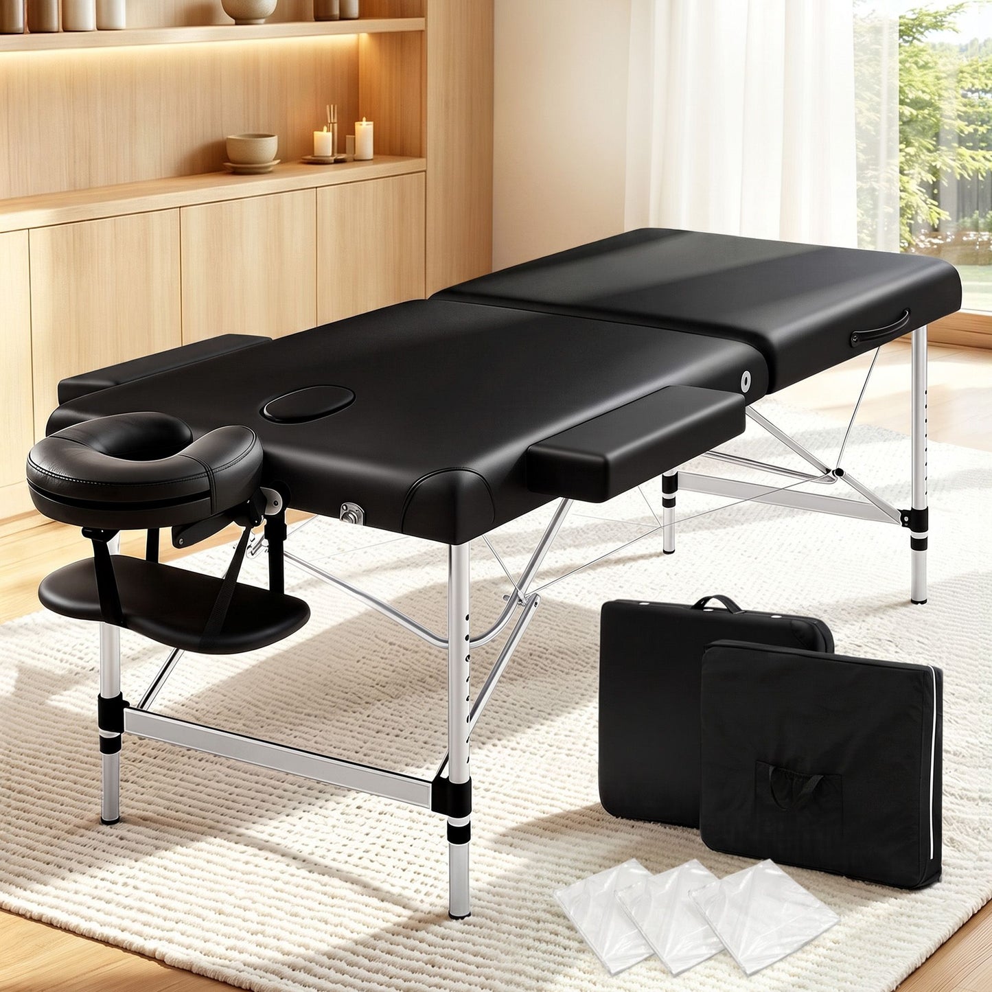 Massage Table, Aluminium 2‑Fold, 55 cm, Portable, Black