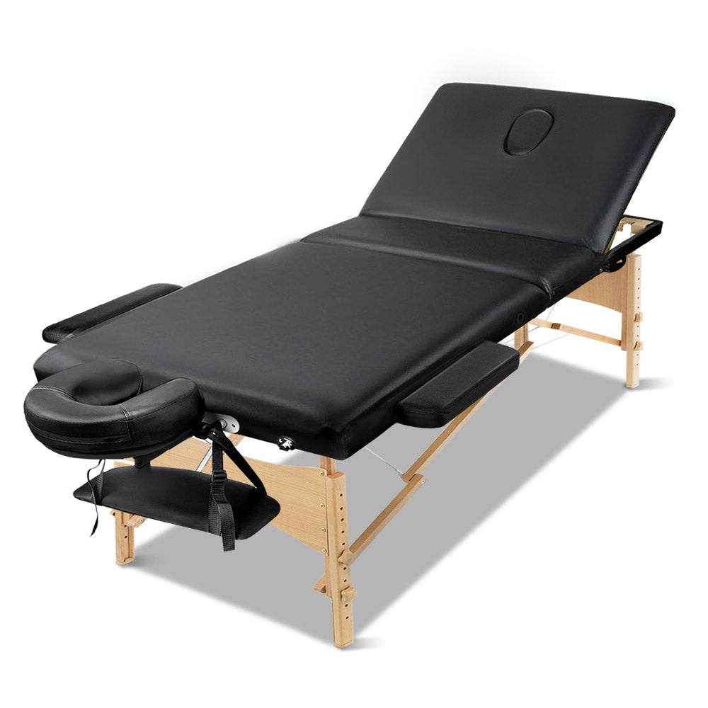 Wooden Massage Table Portable 75cm Wide 3-Fold Treatment Beauty Therapy - Black