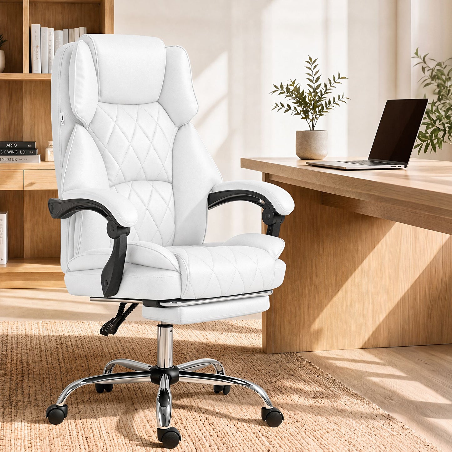 Executive Office Chair Leather with Footrest - White