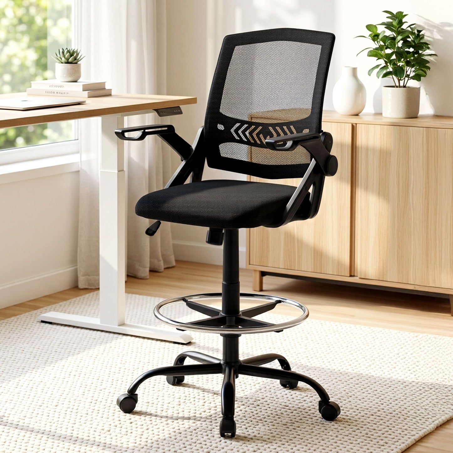 Office Chair Veer Drafting Stool Mesh Chairs Flip Up Armrest Black
