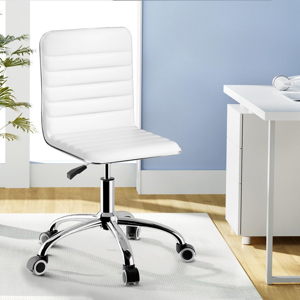 Office Chair Computer Desk Gaming Chair PU Leather Low Back - White