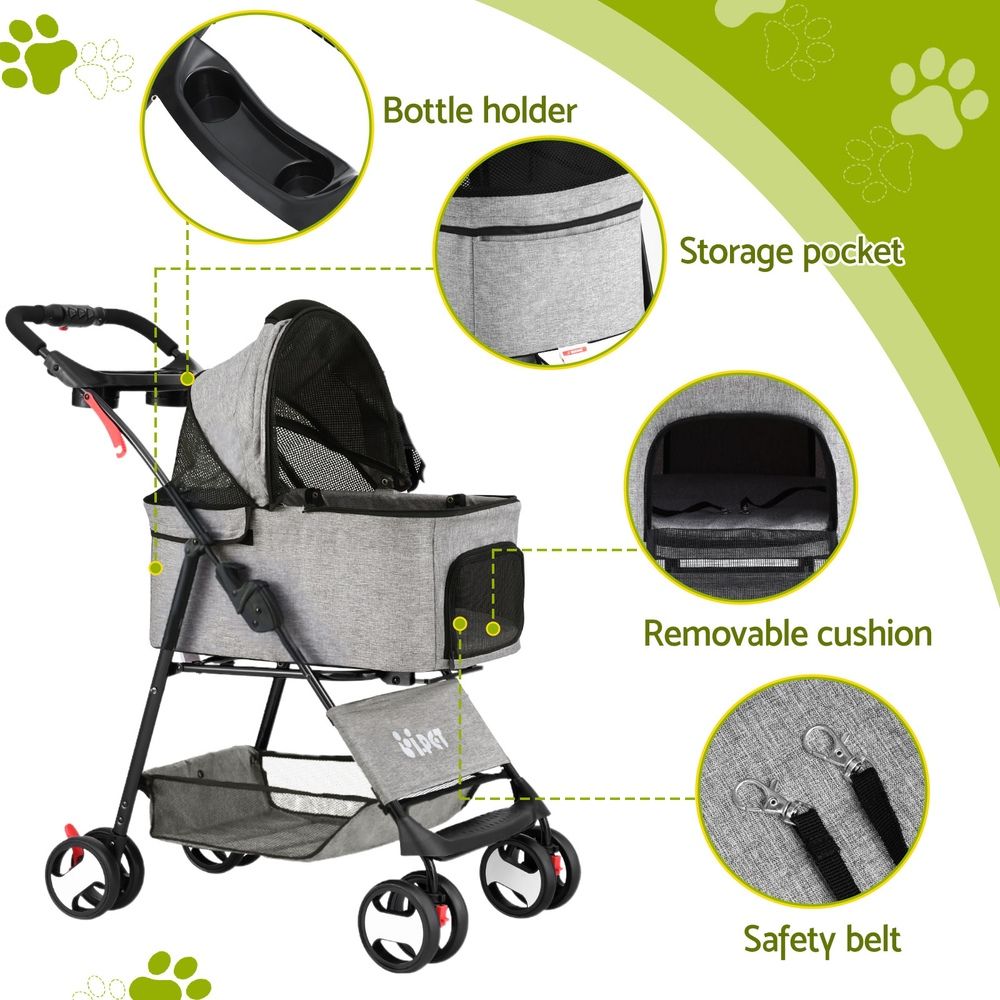 Pet Stroller Dog Carrier Foldable Pram 3 IN 1 Middle Size Grey
