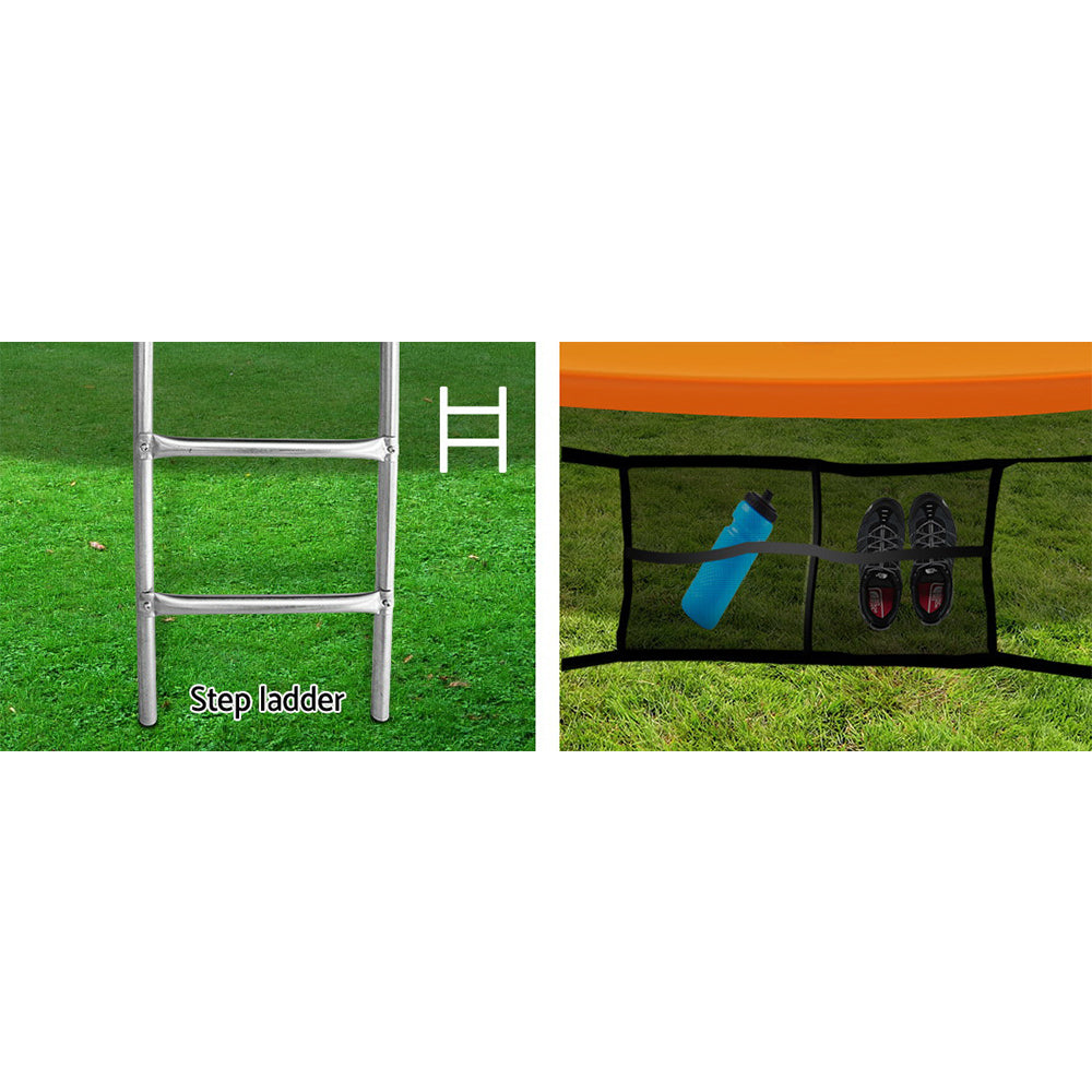 Orange trampoline set with padded edge cover and curved enclosure poles