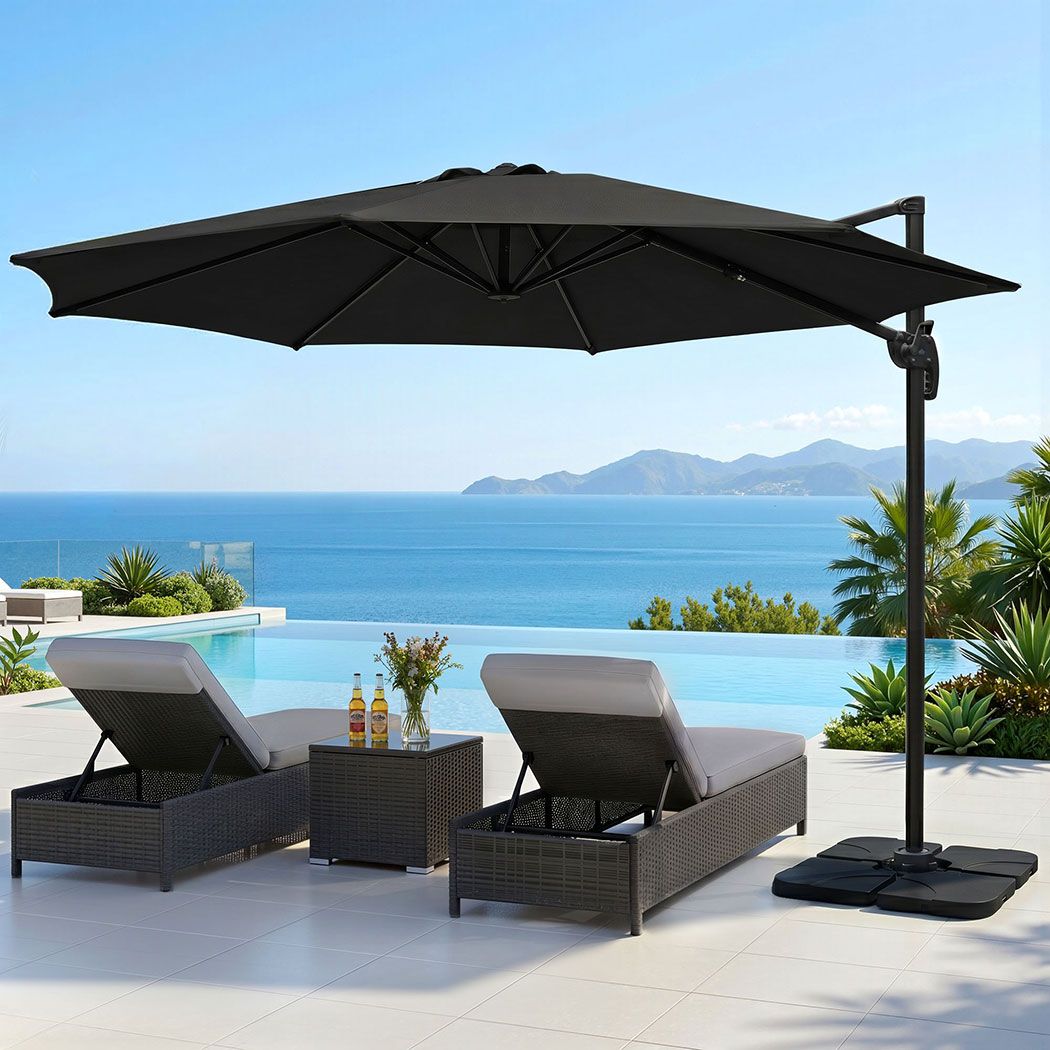 Outdoor Umbrella 3M with Base Cantilever Beach Roma 360-Degree Tilt - Black