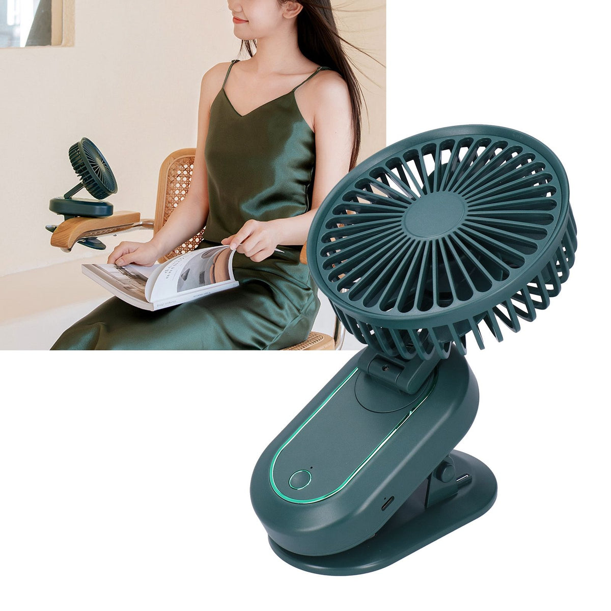3‑Gears Portable Electric Fan Fully Automatic Shaking Head Electric Fan USB Charging for SummerGreen