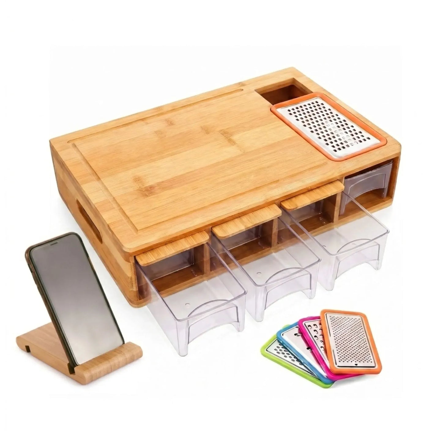 Bamboo Cutting Board Large with 4 Containers and Mobile Holder for Home Kitchen