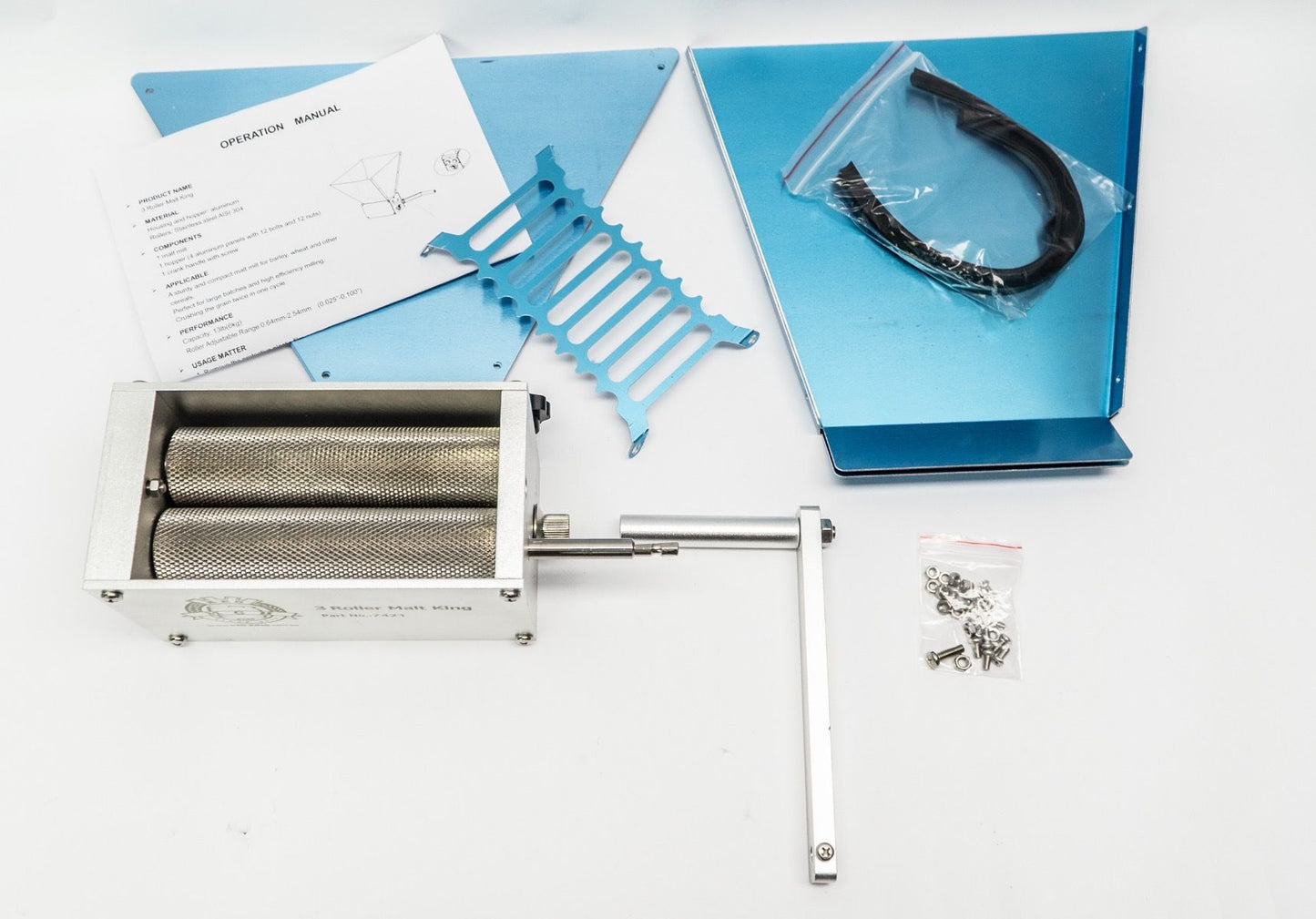 Malt King Geared Grain Mill 3 Roller with Steel Mounting Board