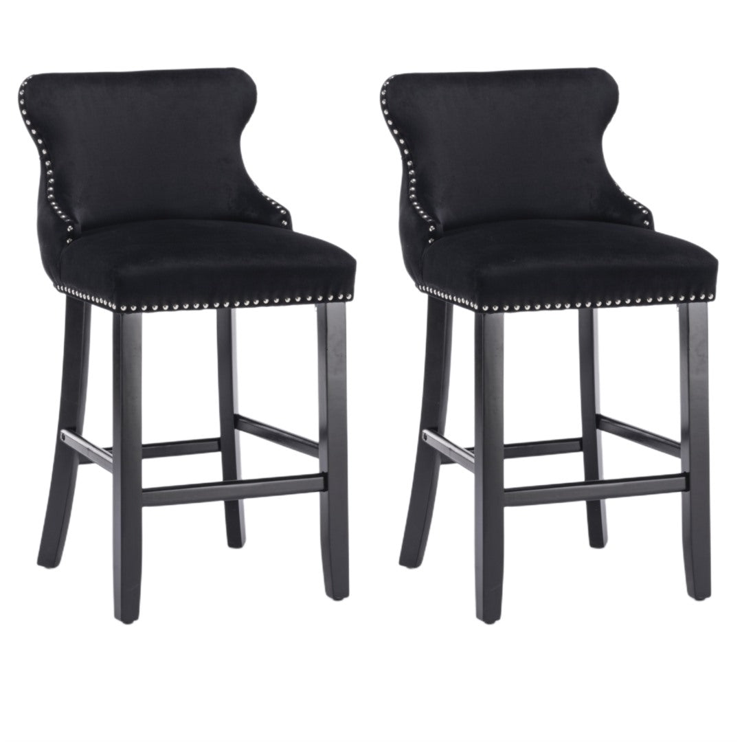 2x Velvet Upholstered Button Tufted Bar Stools with Wood Legs and Stud Home My Garden