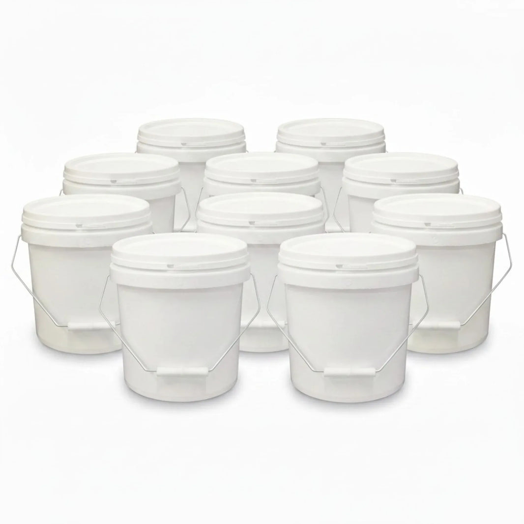 Plastic Buckets 10x 10L + Lids - Empty White With Handle - Large Food Pail