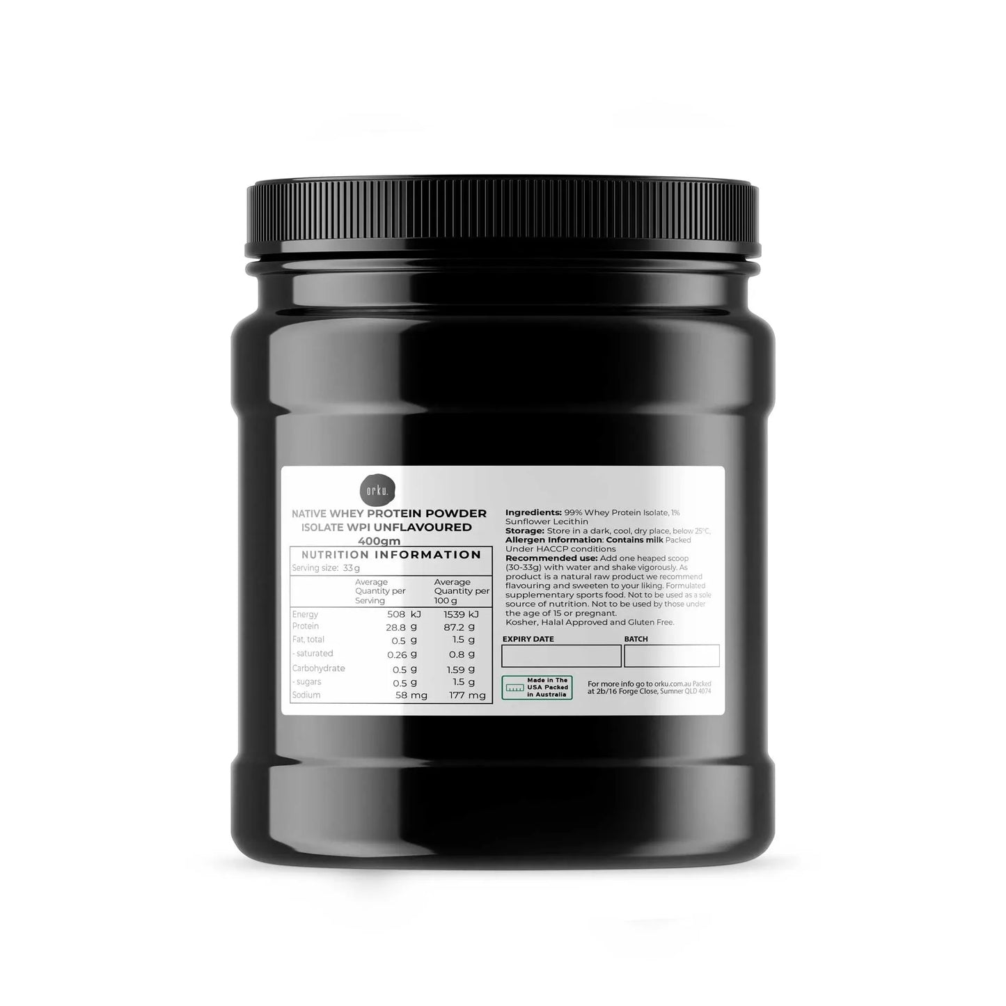 Orku 400g Native Whey Protein Isolate Powder - Unflavoured WPI Jar